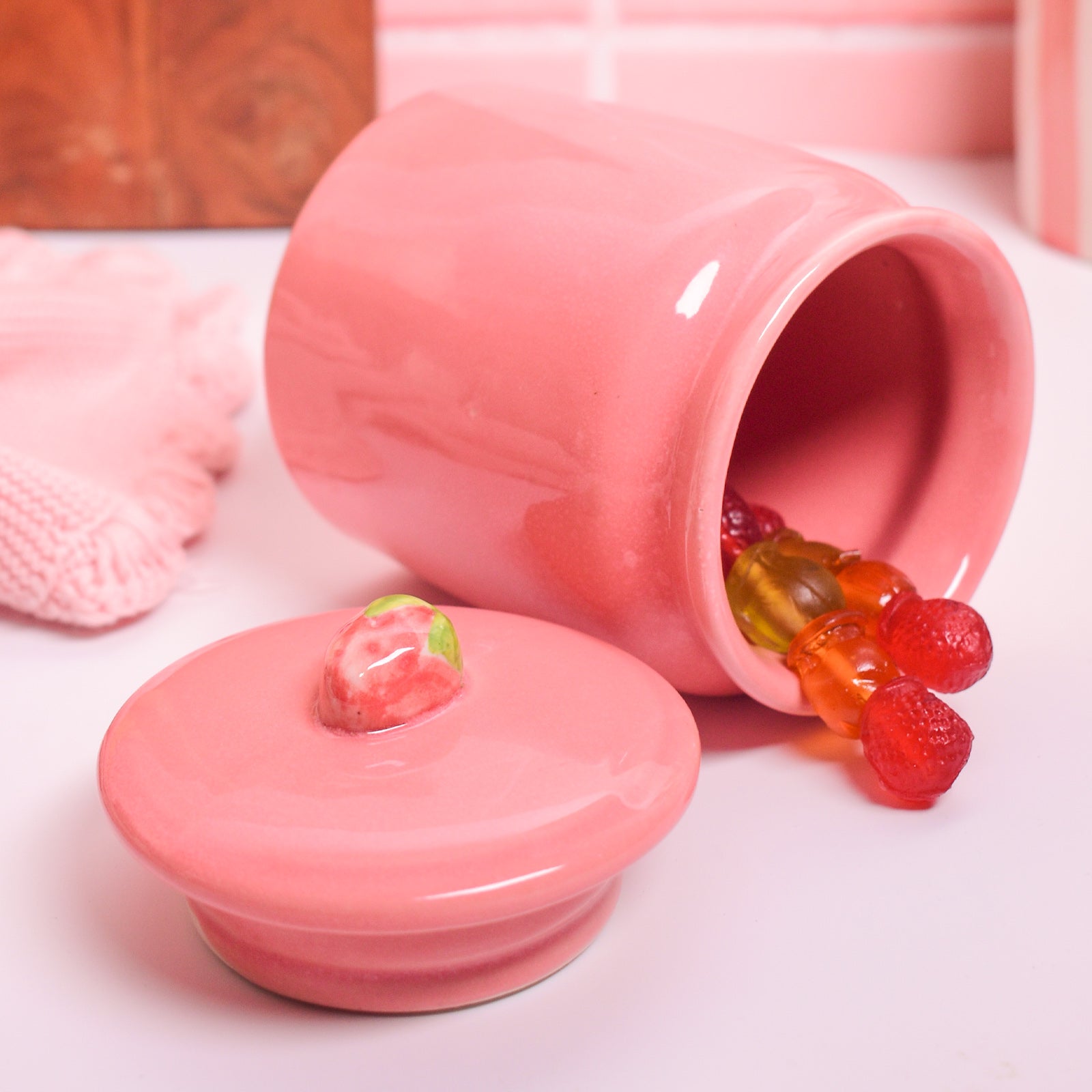 Strawberry Pink Ceramic Jar | Kitchen Storage Lid