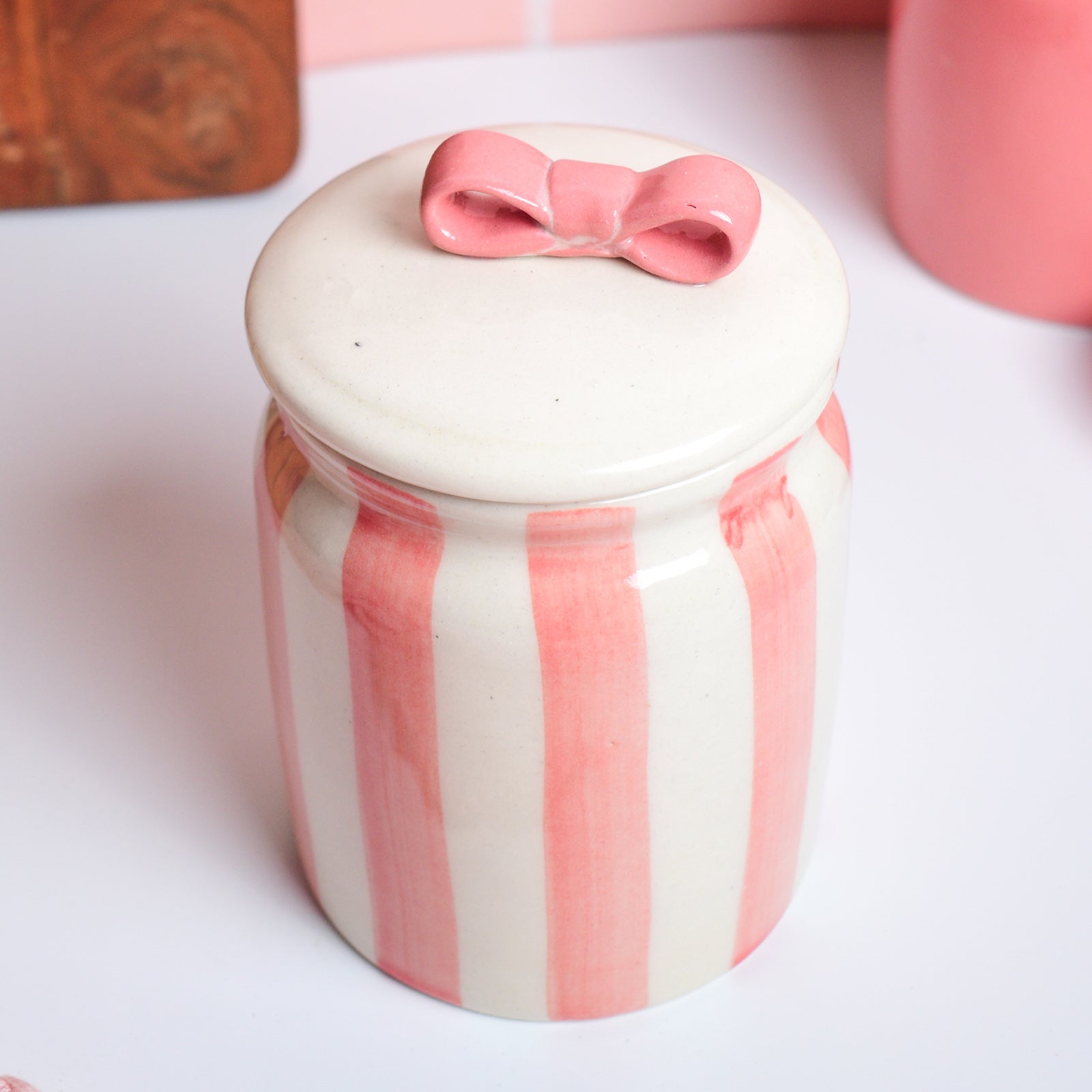 Pink Bow Ceramic Jar with Lid for Kitchen Storage