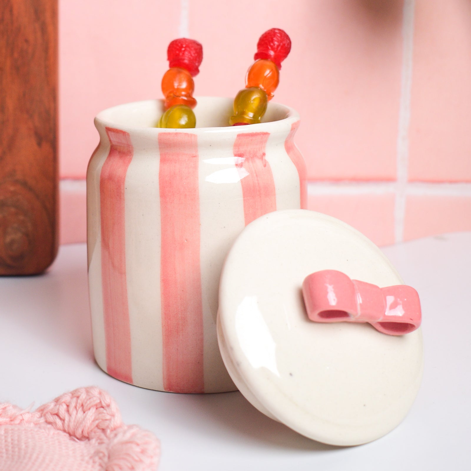 Pink Bow Ceramic Jar with Lid for Kitchen Storage