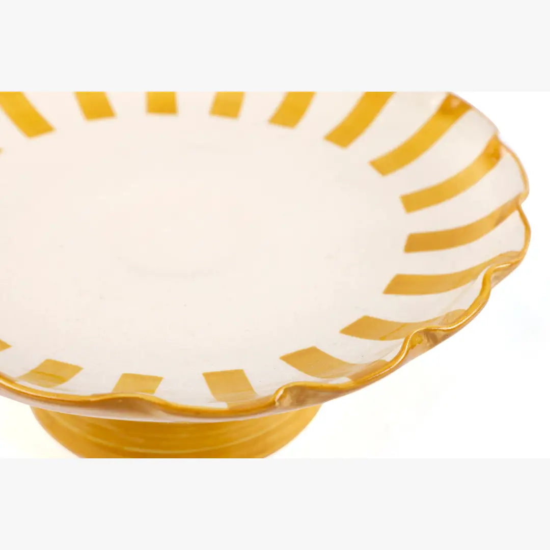 Ceramic Stripe Cake Stand, Yellow  - 10 x 10 x 3.75 Inches