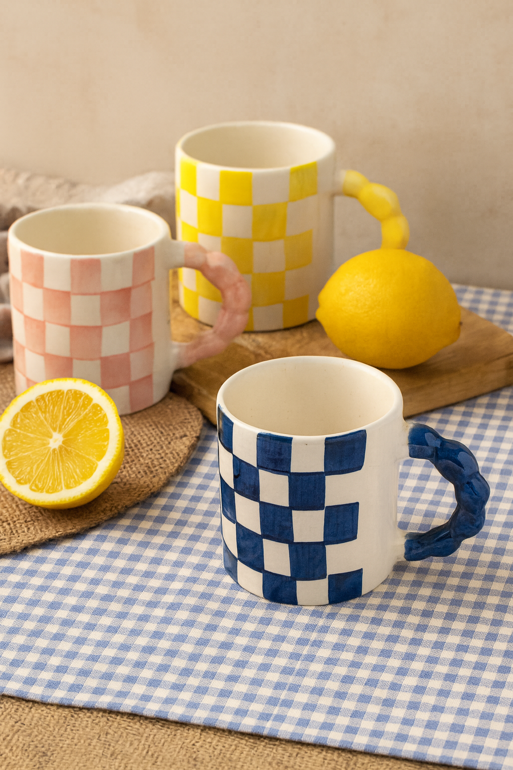 Yellow Checkered Ceramic Mug , 3x3x3.5 Inches (Set of 2)