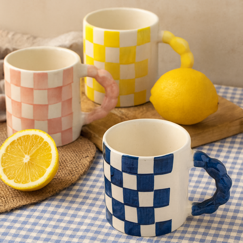 Pink Checkered Ceramic Mug , 3x3x3.5 Inches (Set of 2)