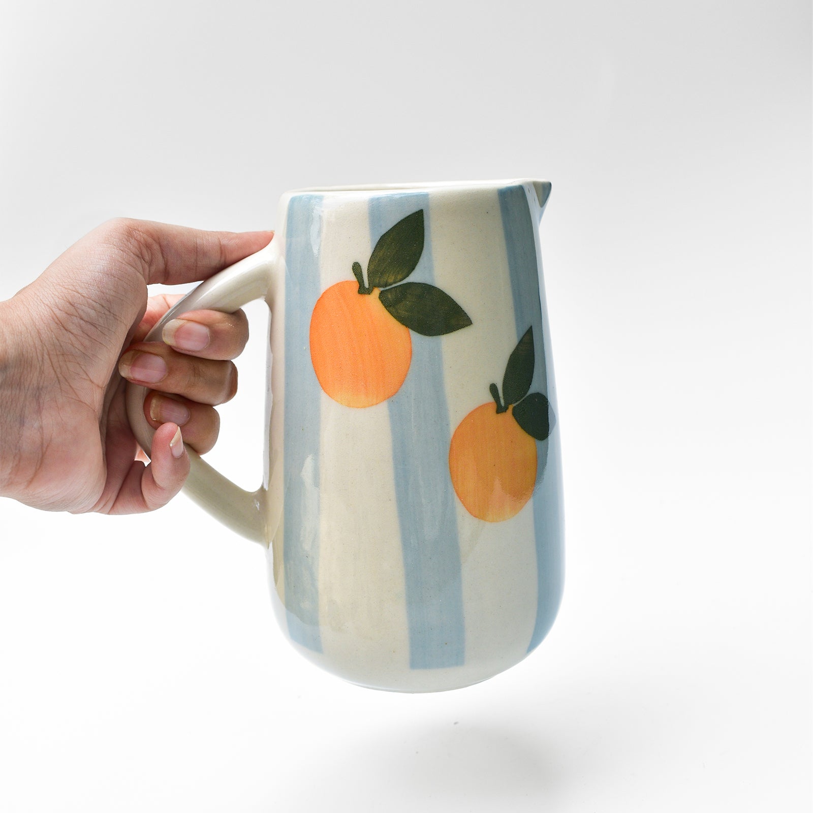 Blue Striped Orange Ceramic Pitcher 8x3.5 Inches Set of 2 - Casa Amarosa