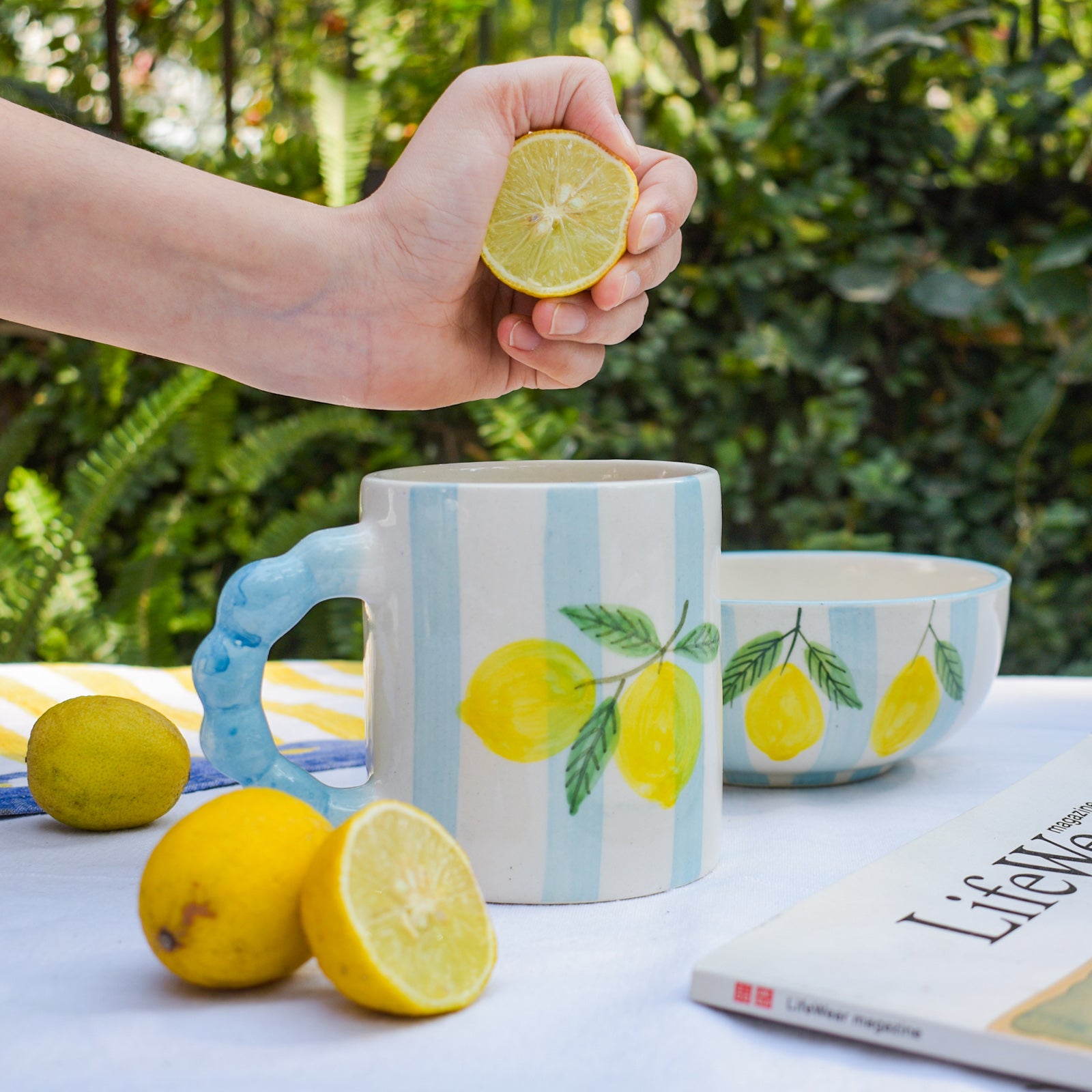 Blue Striped Lemon Coffee Mug - 4x3 Inches (Set of 4)