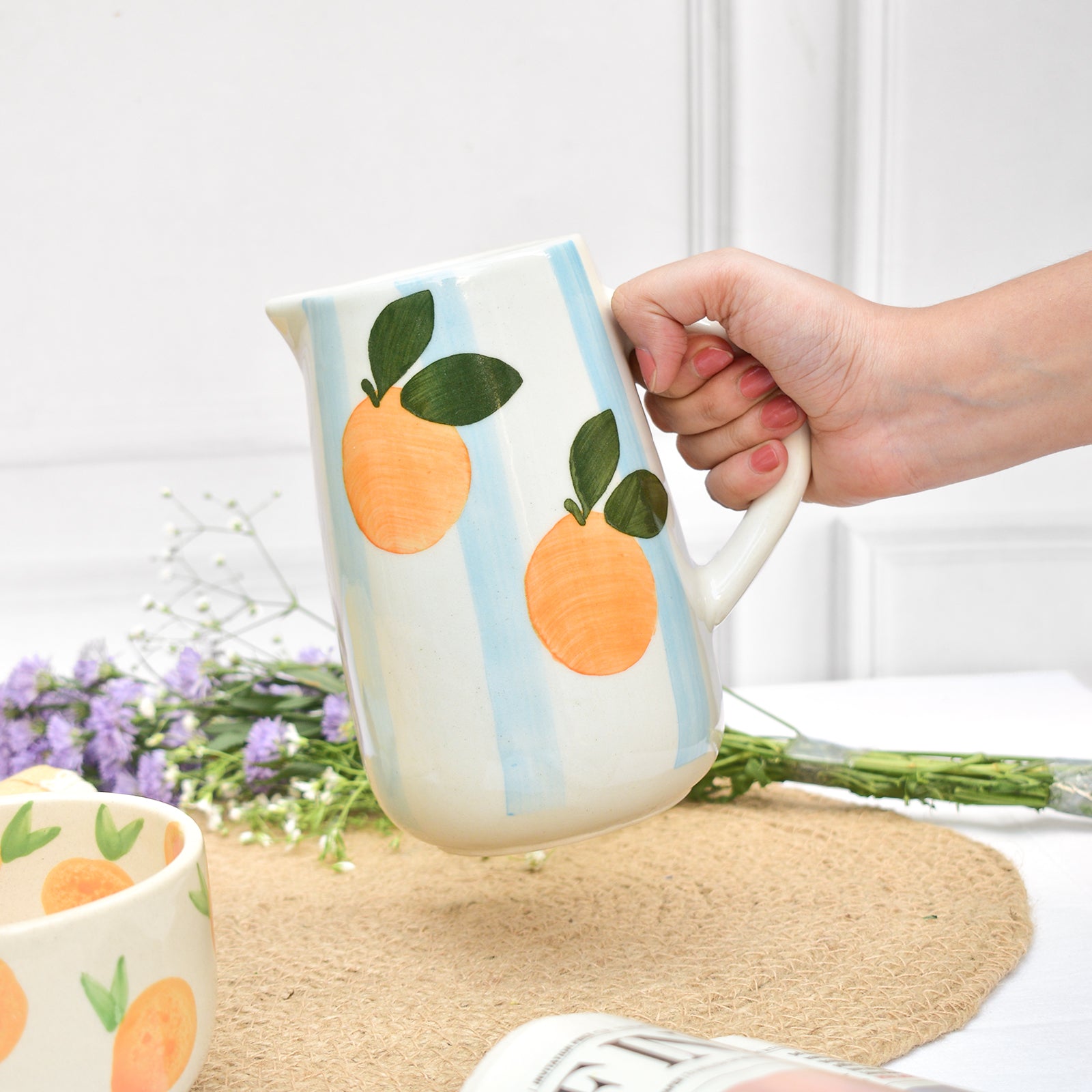 Blue Striped Orange Ceramic Pitcher 8x3.5 Inches Set of 2 - Casa Amarosa