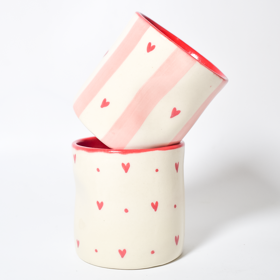 Striped Hearts Ceramic Tumbler - 3.5 x 3 inches (Set of 4)