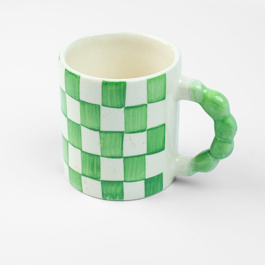 Green Checkered Ceramic Mug , 3x3x3.5 Inches (Set of 2)
