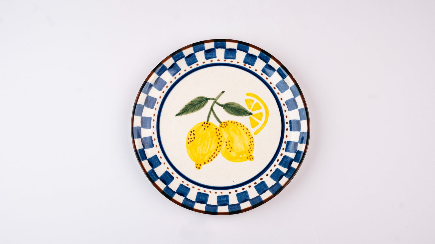 Lemon Checkered Ceramic Snack Plate , Blue - 7x7 Inches (Set of 2)