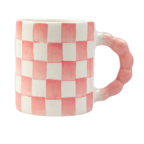 Pink Checkered Ceramic Mug , 3x3x3.5 Inches (Set of 2)