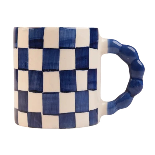 Blue Checkered Ceramic Mug , 3x3x3.5 Inches (Set of 2)