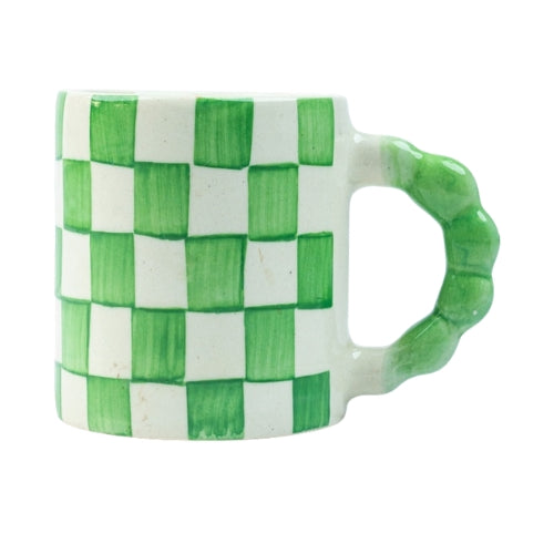 Green Checkered Ceramic Mug , 3x3x3.5 Inches (Set of 2)
