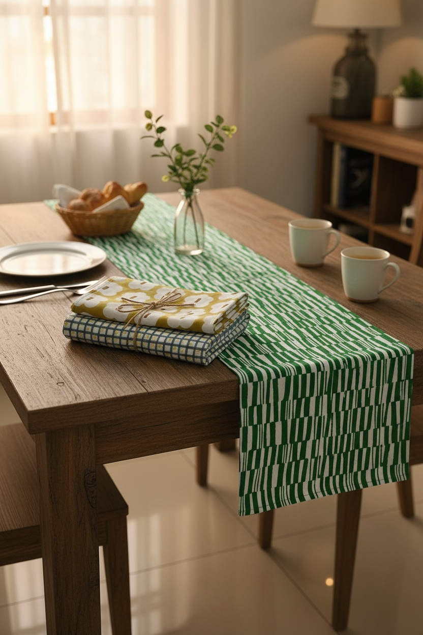 Garden Graph Table Runner | Block Print Cotton | 17x76.5"