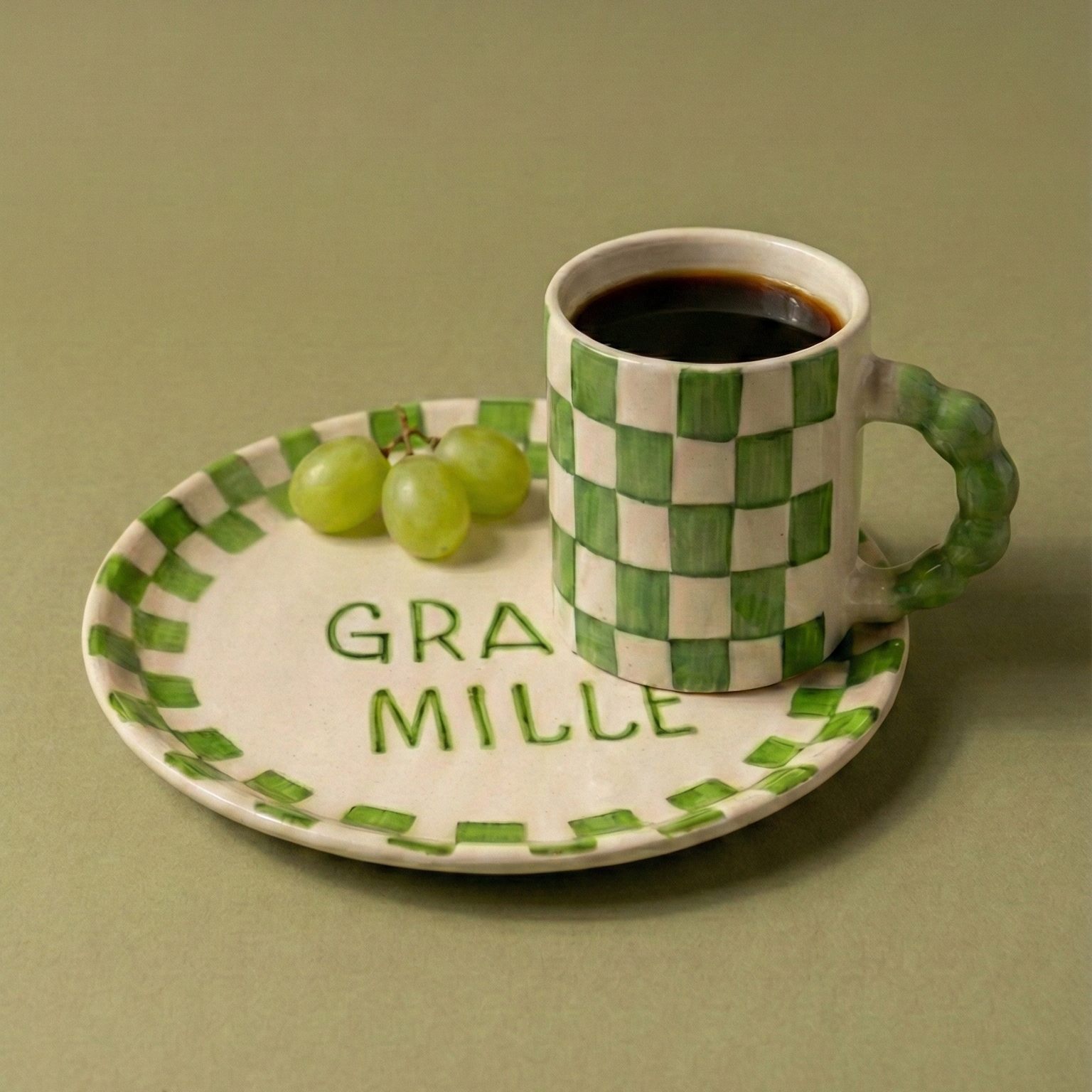 Green Checkered Ceramic Breakfast Set - Coffee Cup & Side Plate (Set of 2)