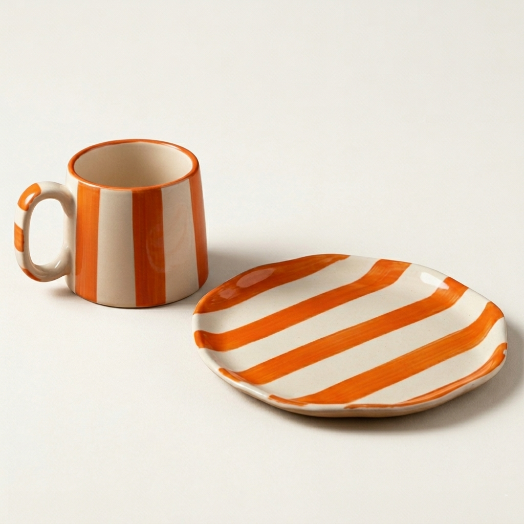 Classic Orange Stripe Coffee Mug with Snack Plate (Set of 2)