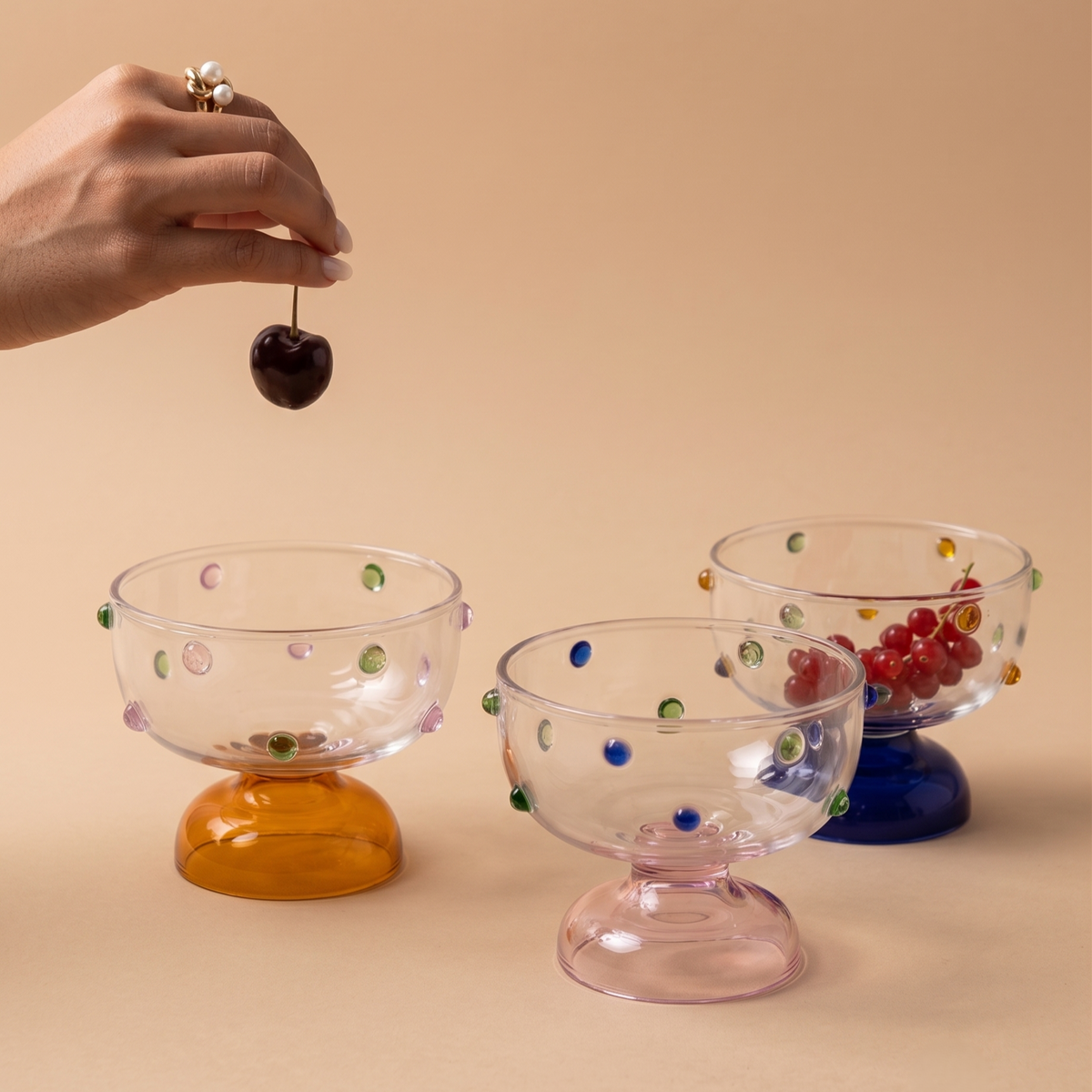 Assorted Dessert Glass Bowl | Handblown Borosilicate Glass | Amber, Pink & Blue