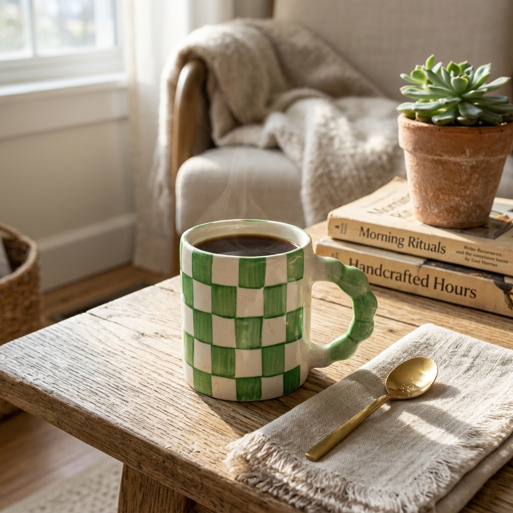 Green Checkered Ceramic Mug , 3x3x3.5 Inches (Set of 2)