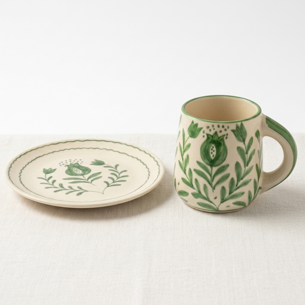 Green Anaar Ceramic Breakfast Set - Coffee Cup & Side Plate (Set of 2)