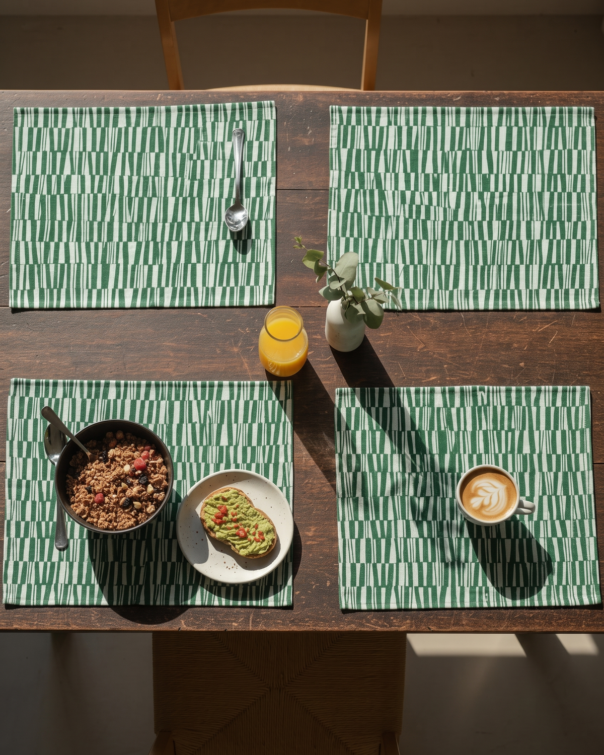 Green Gridlock Placemat Set of 4 | Cotton Block Printed | 14x18"