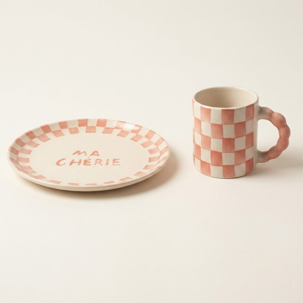 Pink Checkered Ceramic Breakfast Set - Coffee Cup & Side Plate (Set of 2)