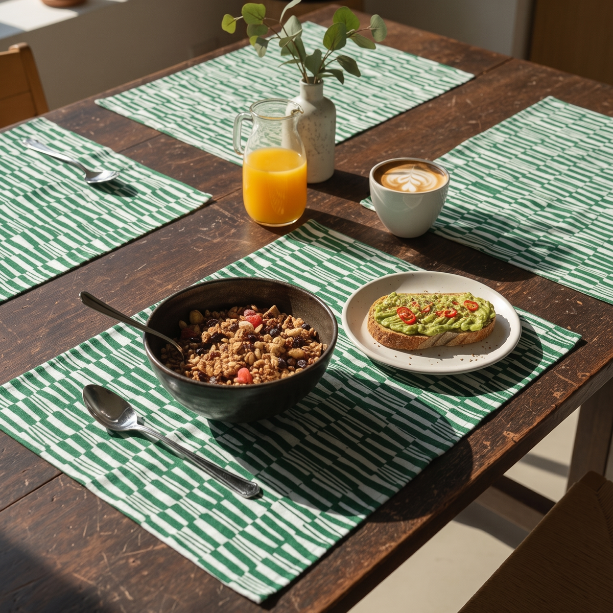 Green Gridlock Placemat Set of 4 | Cotton Block Printed | 14x18"