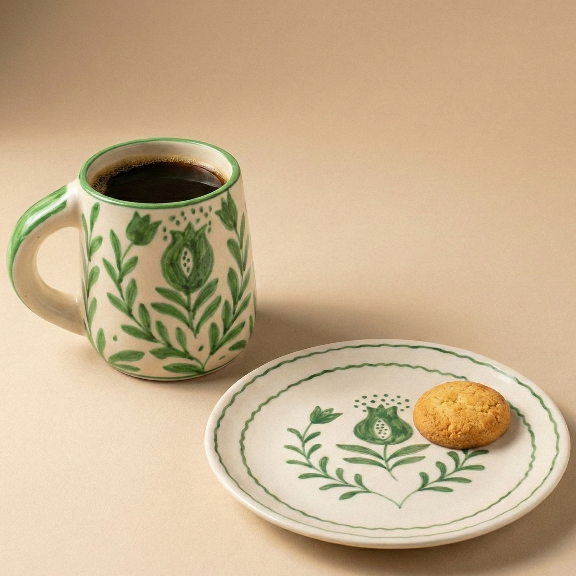 Green Anaar Ceramic Breakfast Set - Coffee Cup & Side Plate (Set of 2)