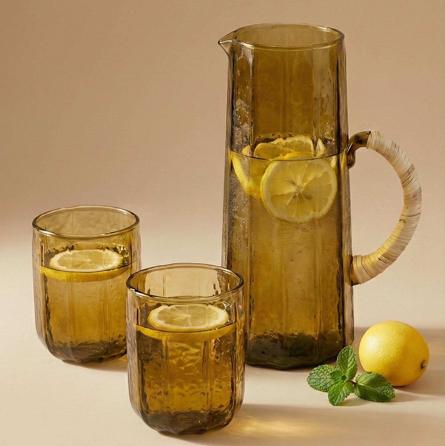 Hammered Glass Water Pitcher and Tumbler Set , Brown - (Set of 3)