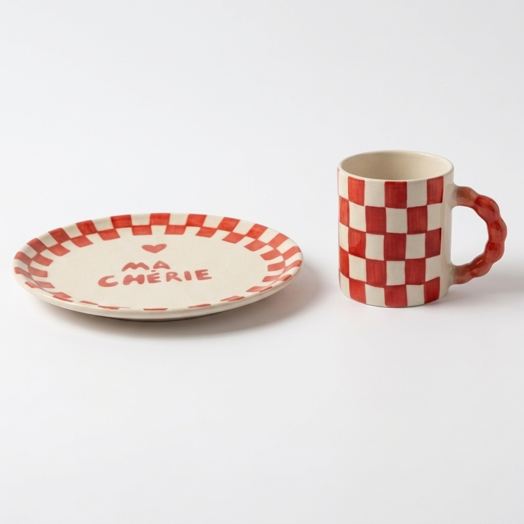 Red Checkered Ceramic Breakfast Set - Coffee Cup & Side Plate (Set of 2)