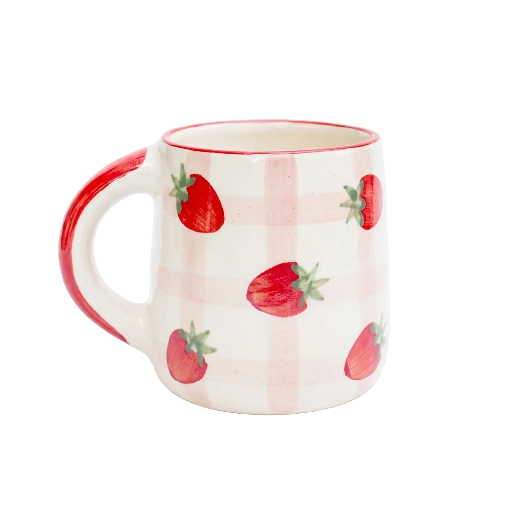 Strawberry Checkered Delight Ceramic Mug - 3.5 x 3 Inches - Set of 4