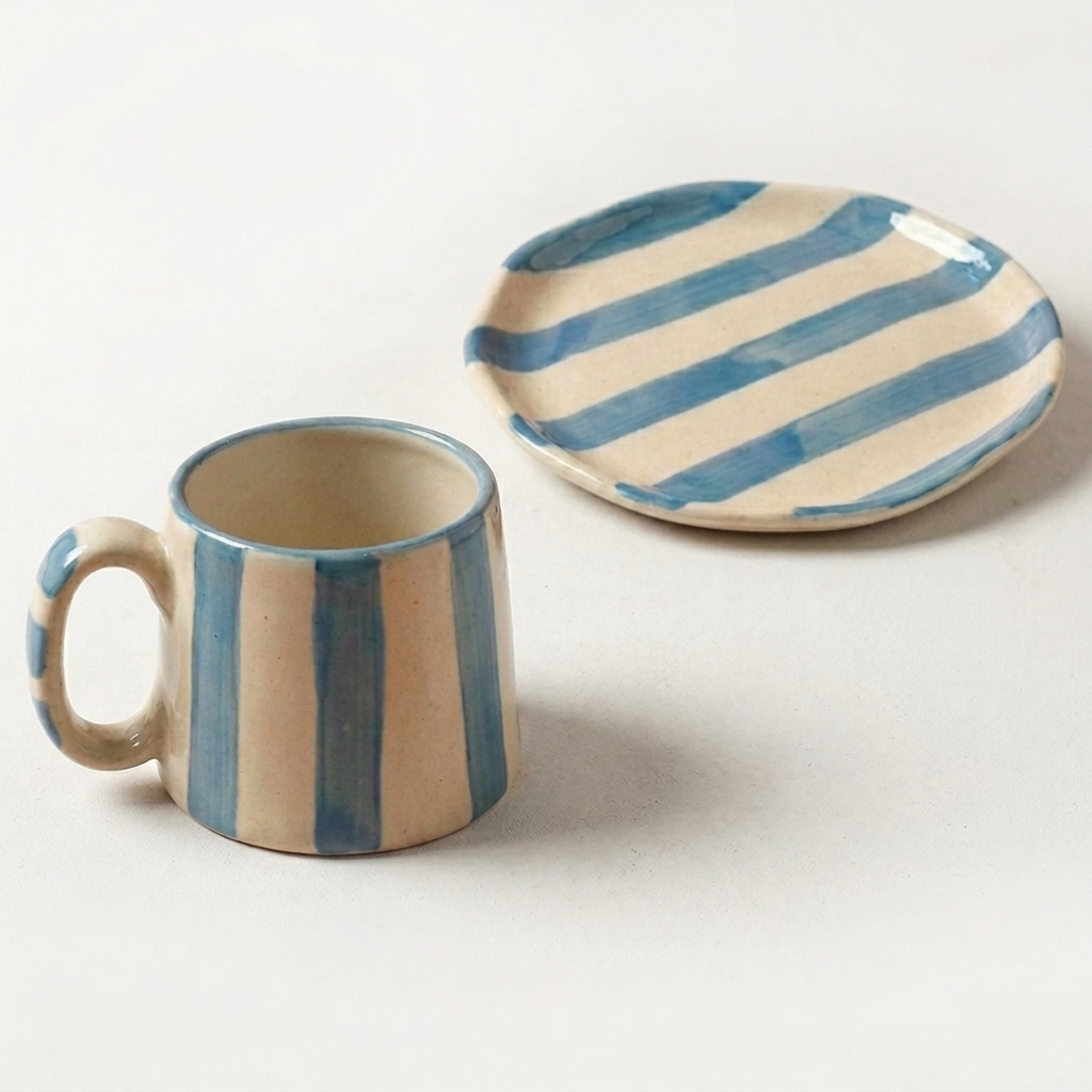 Classic Aqua Stripe Coffee Mug with Snack Plate (Set of 2)