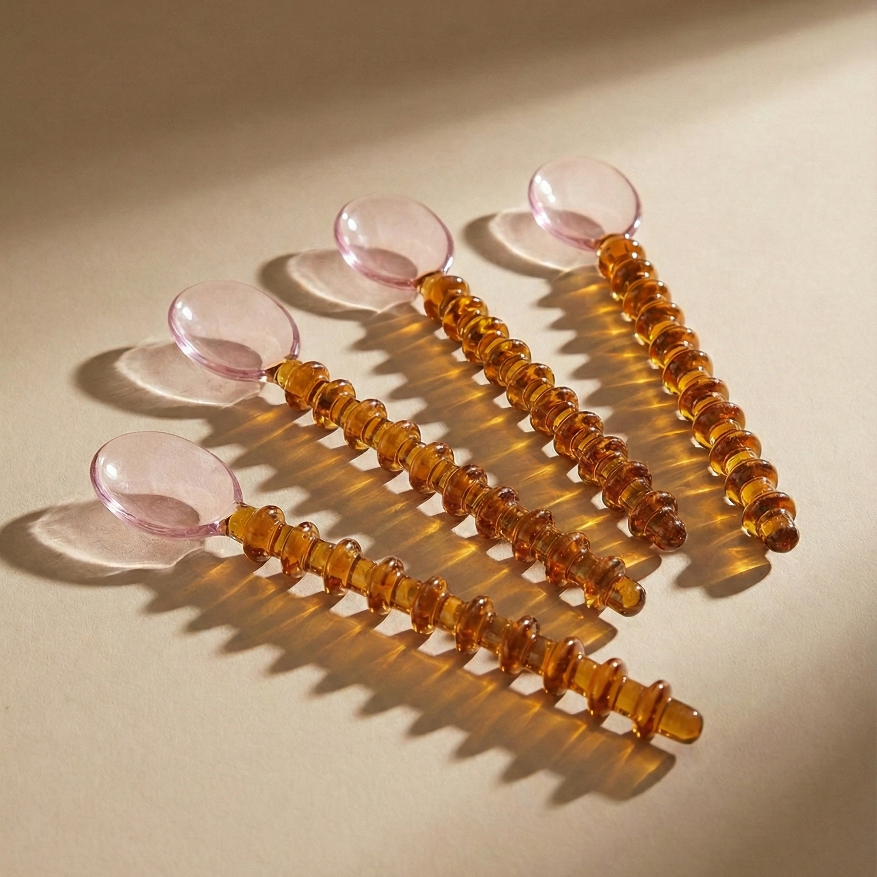 Glass Spoon with Beaded Handle Pink Amber (Set of 4)