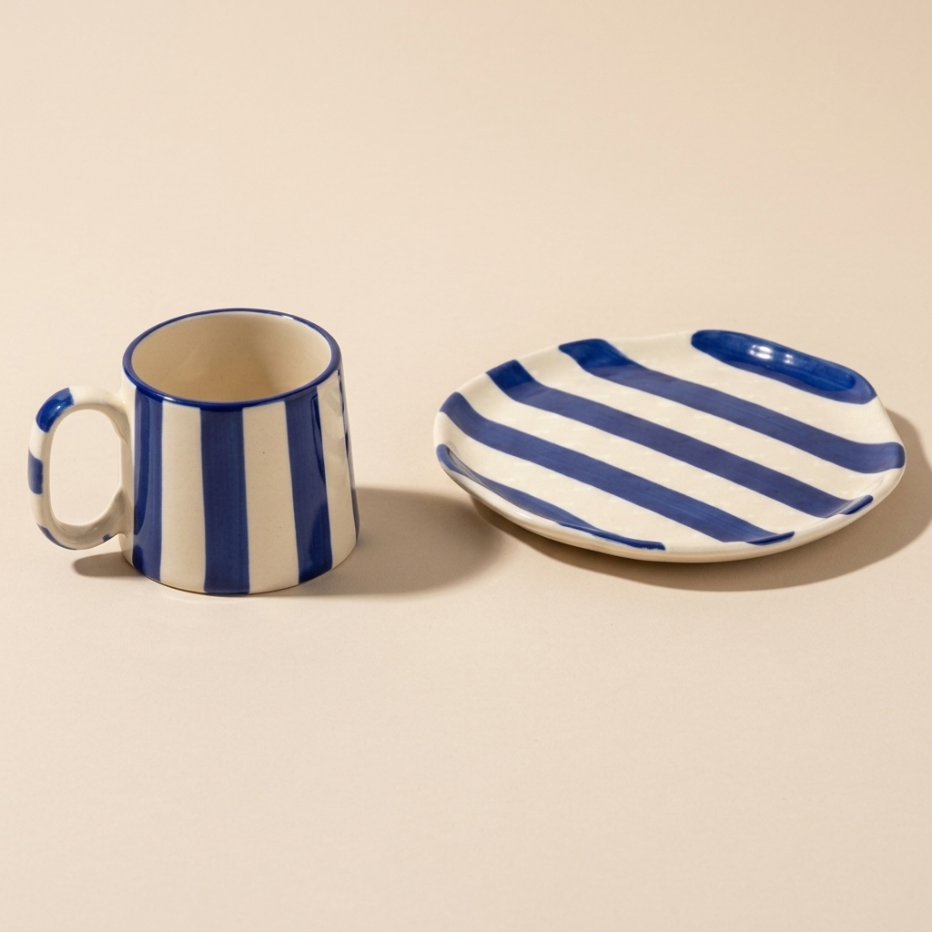 Classic Blue Stripe Coffee Mug with Snack Plate (Set of 2)