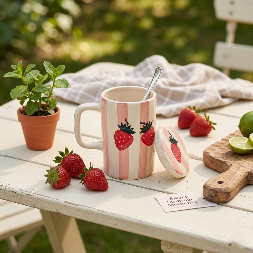 Strawberry Stripe Mug With Lid - 5 x 3 Inches