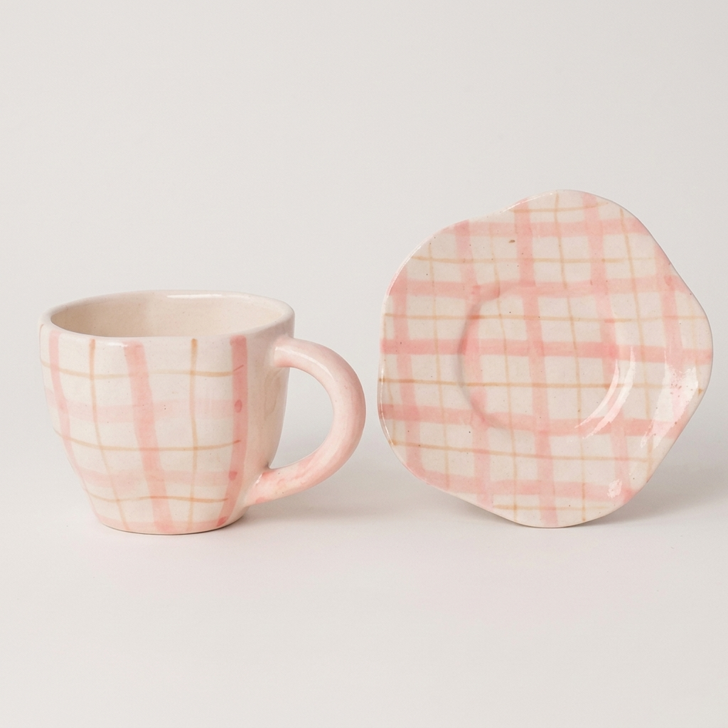 Handmade Cute Ceramic mug & Coaster Set - Plaid, 2.5 Inches (Set of 2)