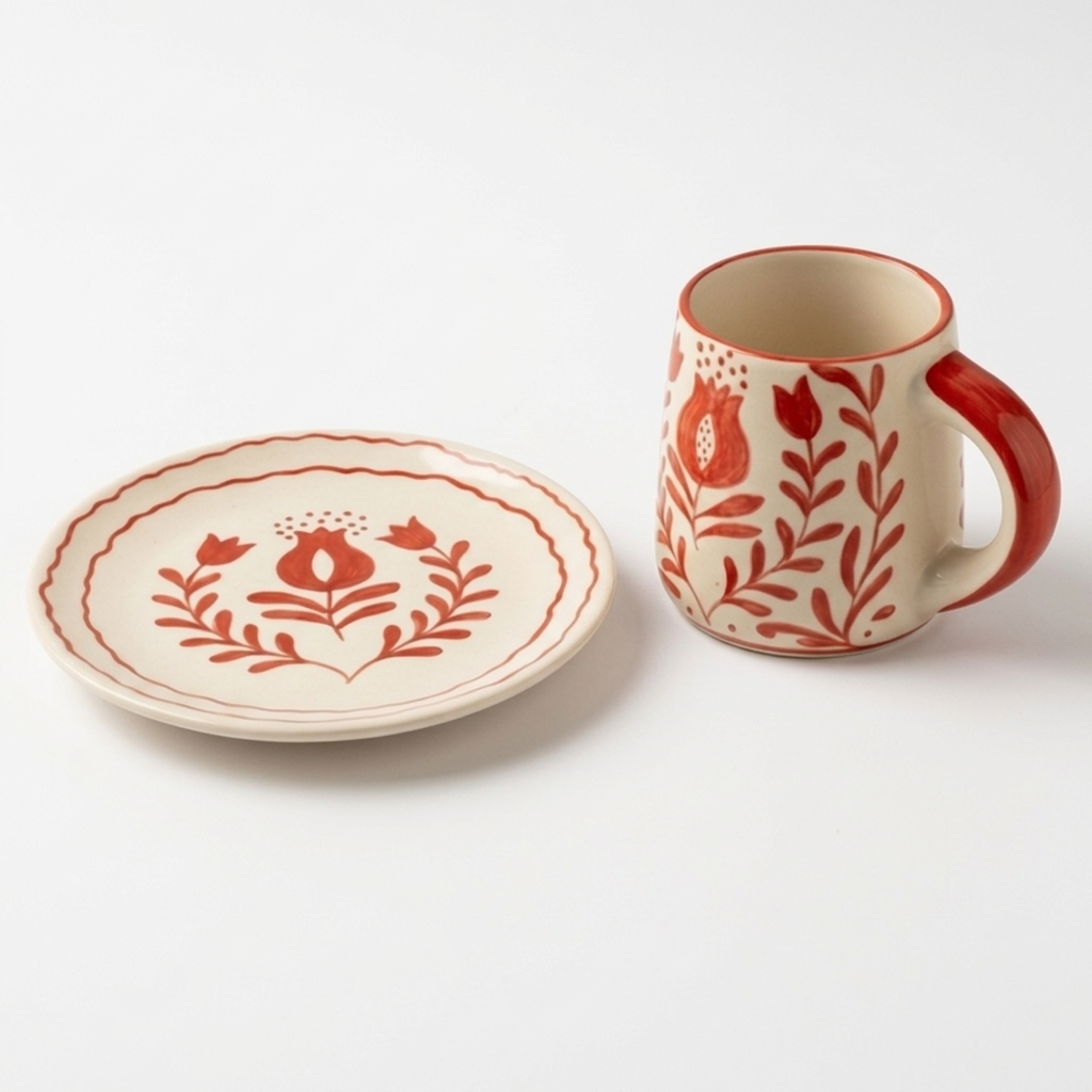 Red Anaar Ceramic Breakfast Set - Coffee Cup & Side Plate (Set of 2)