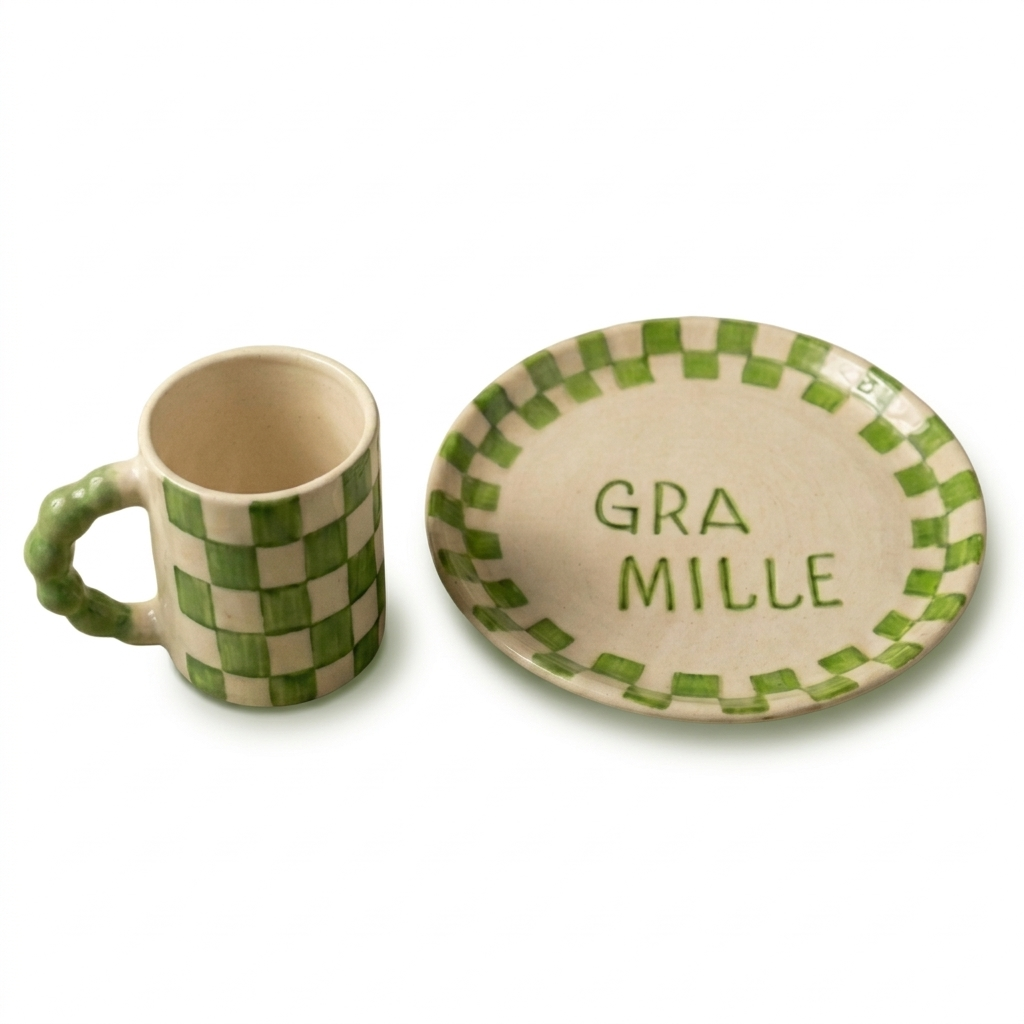 Green Checkered Ceramic Breakfast Set - Coffee Cup & Side Plate (Set of 2)