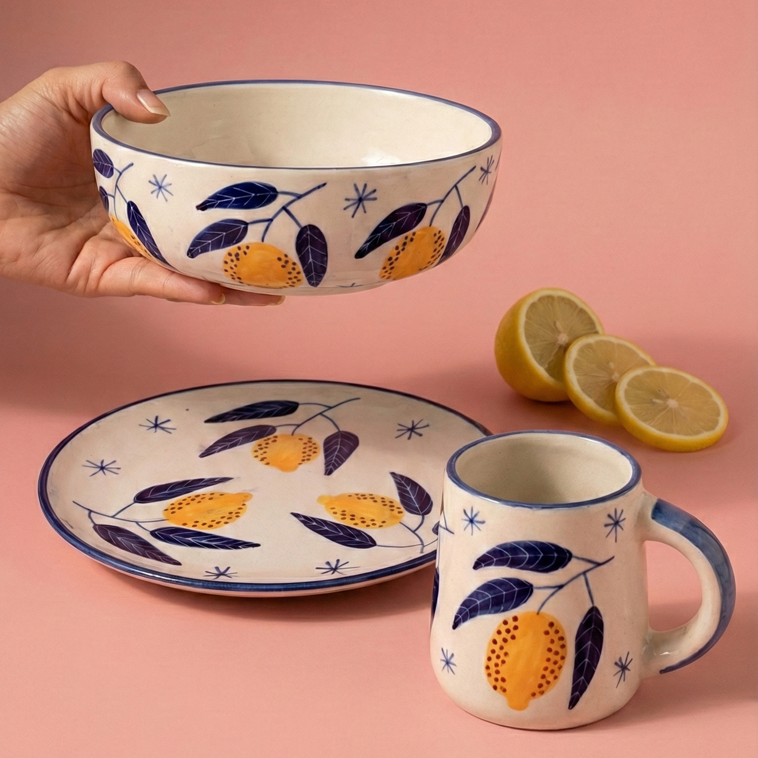 Lemon Ceramic Breakfast Set - Coffee Cup , Side Plate And Breakfast Bowl (Set of 3)