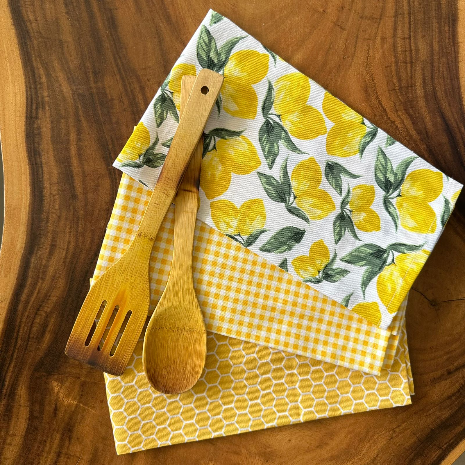 Honeycomb, Lemon & Yellow Checks Cotton Kitchen Towels , Set of 3 - 15x23 Inches