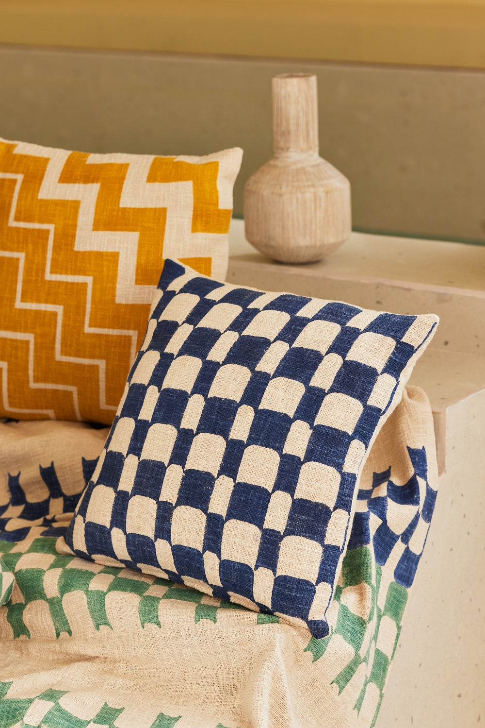 Aaakar Checkered Block Printed Pillow, Indigo - 18x18 inch