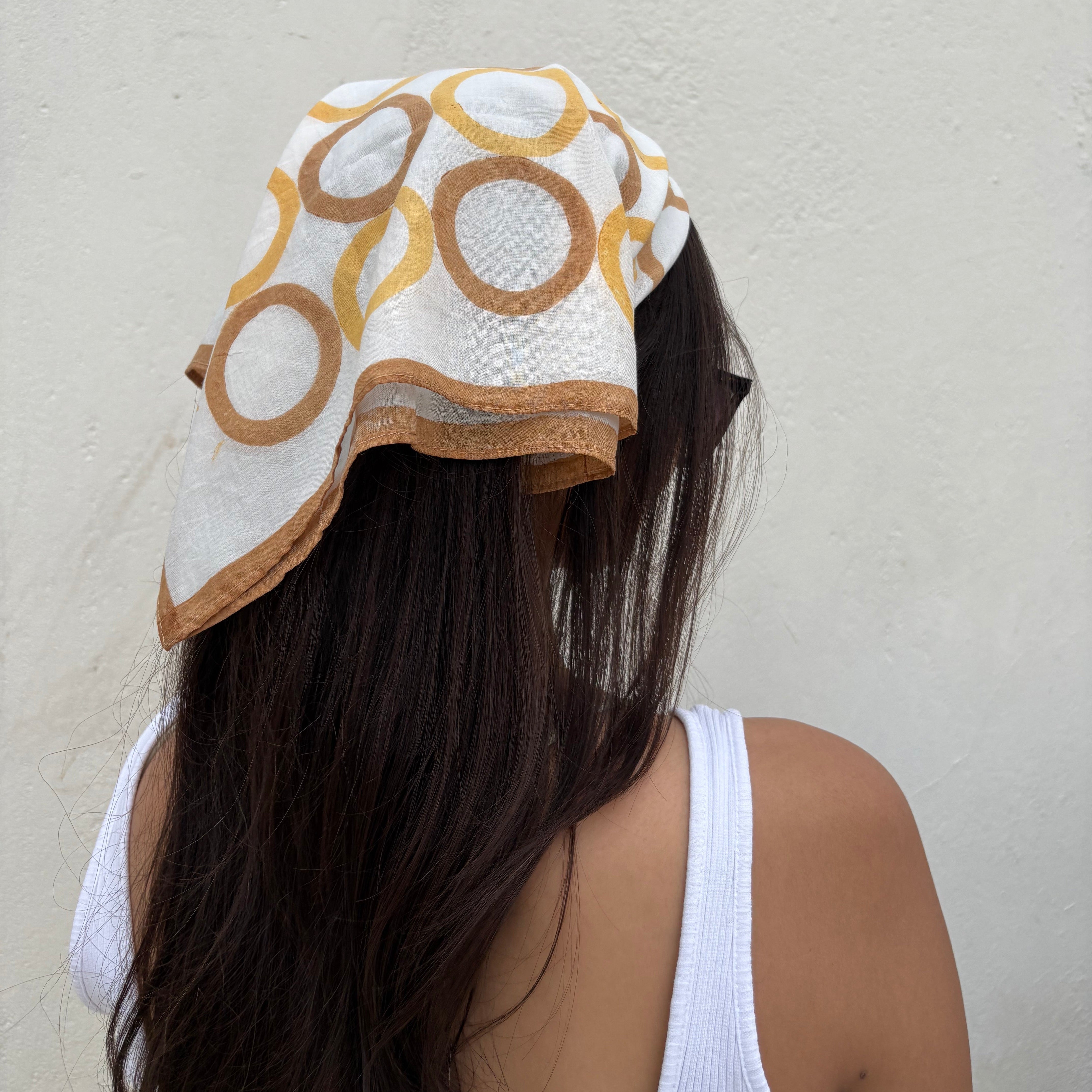 Circles Hand Block Printed Scarf , Yellow & Brown , 20 x 20 Inches (Set of 2)