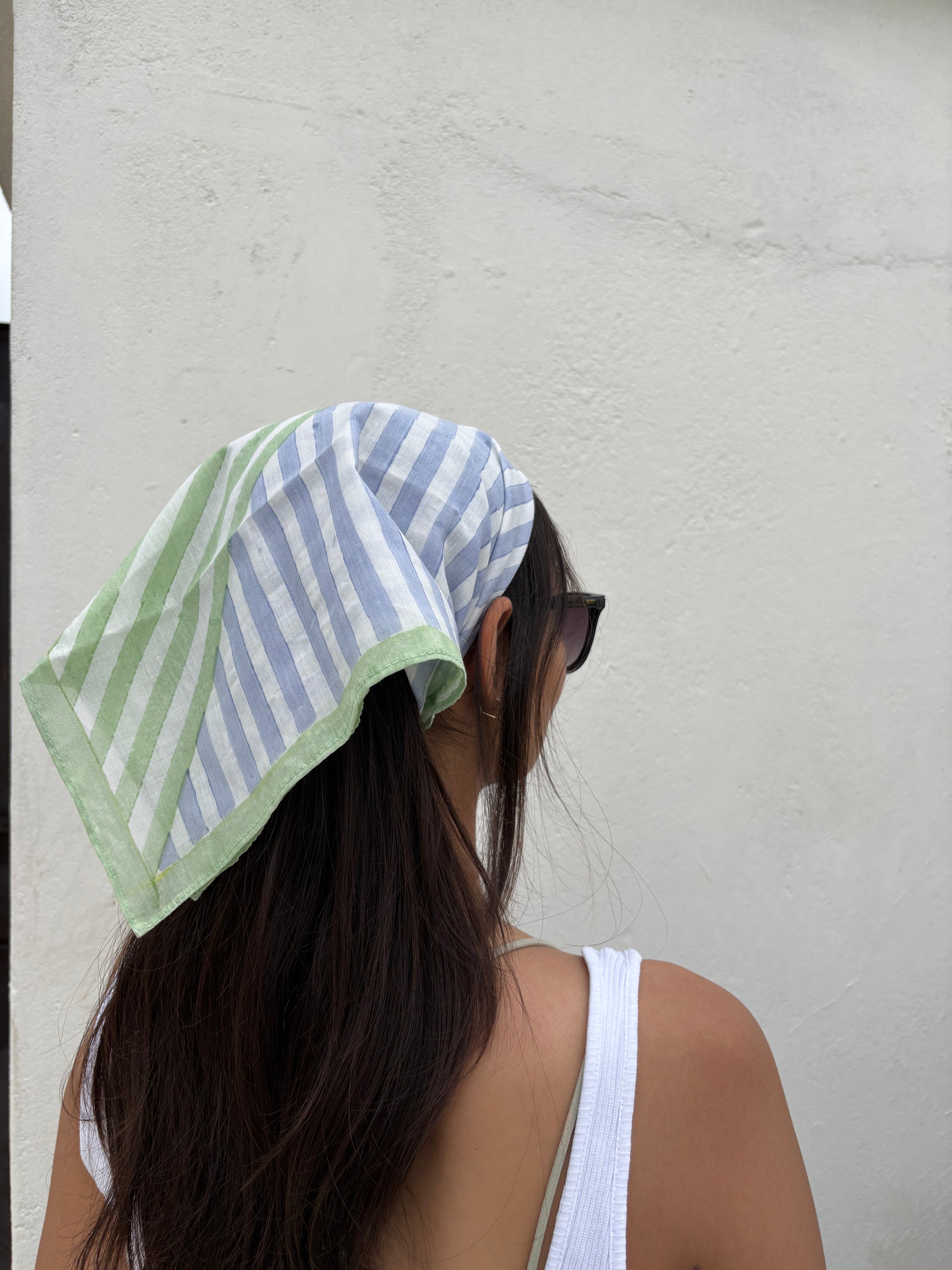 Striped Hand Block Printed Scarf , Green & Blue , 20 x 20 Inches (Set of 2)