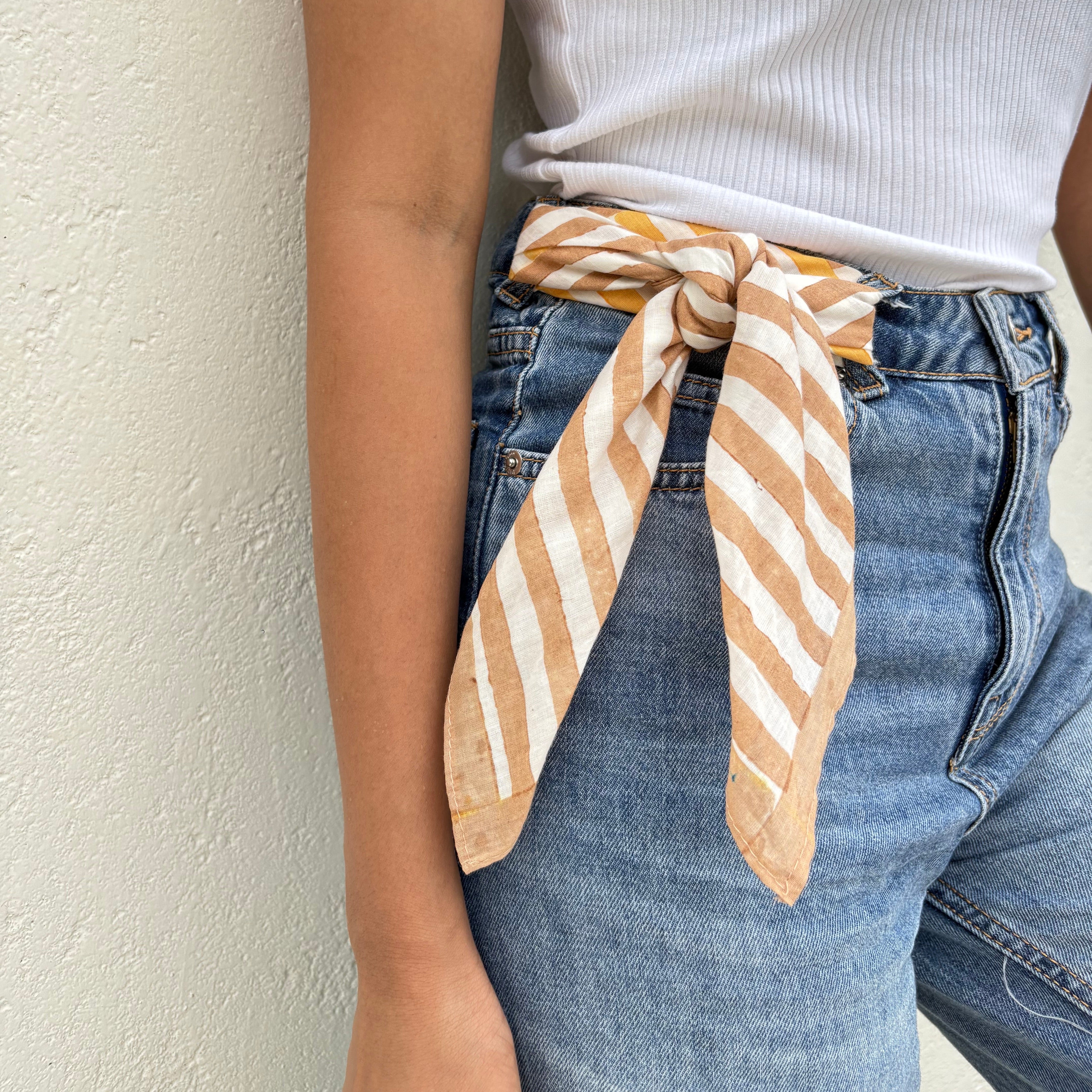 Striped Hand Block Printed Scarf , Yellow & Brown , 20 x 20 Inches (Set of 2)