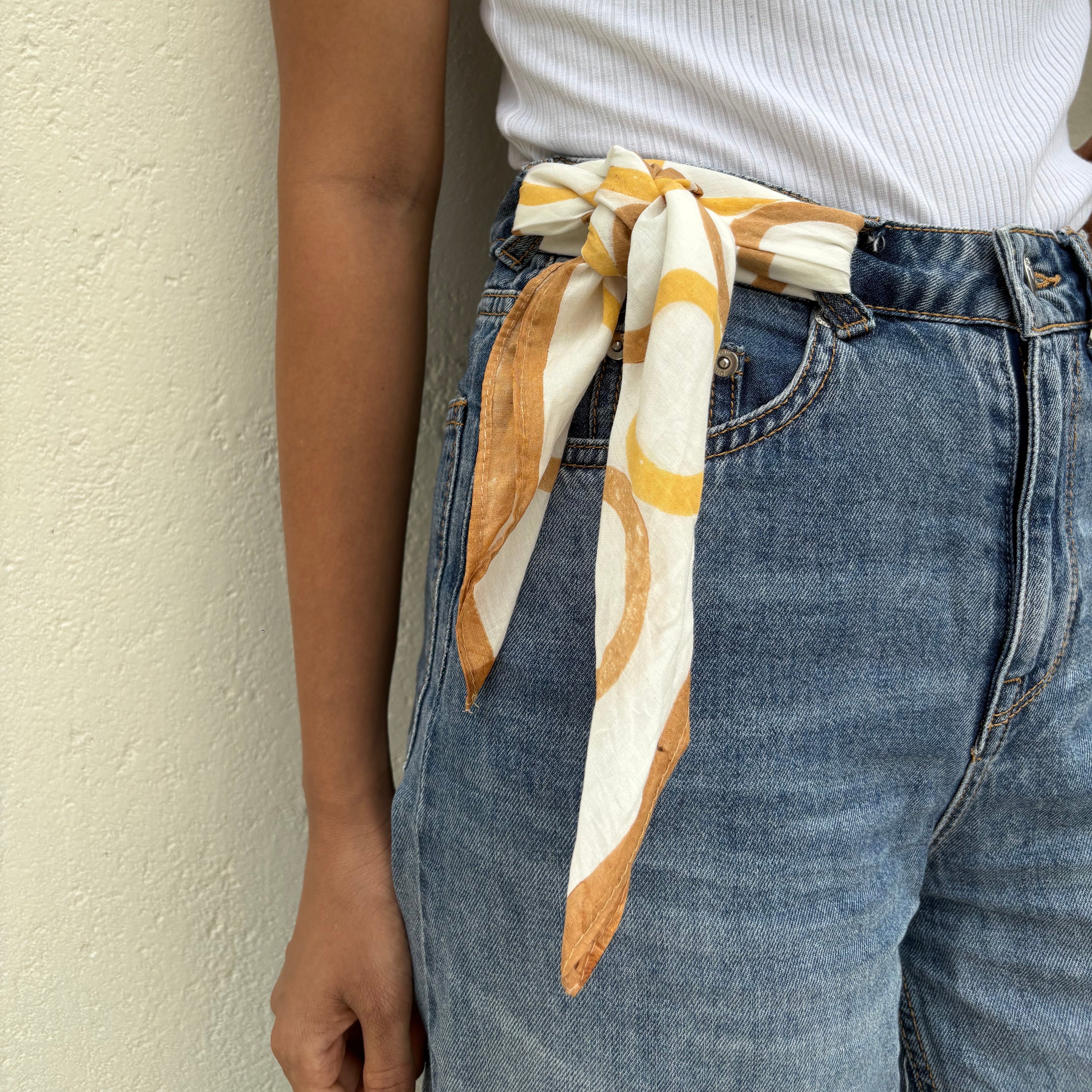 Circles Hand Block Printed Scarf , Yellow & Brown , 20 x 20 Inches (Set of 2)