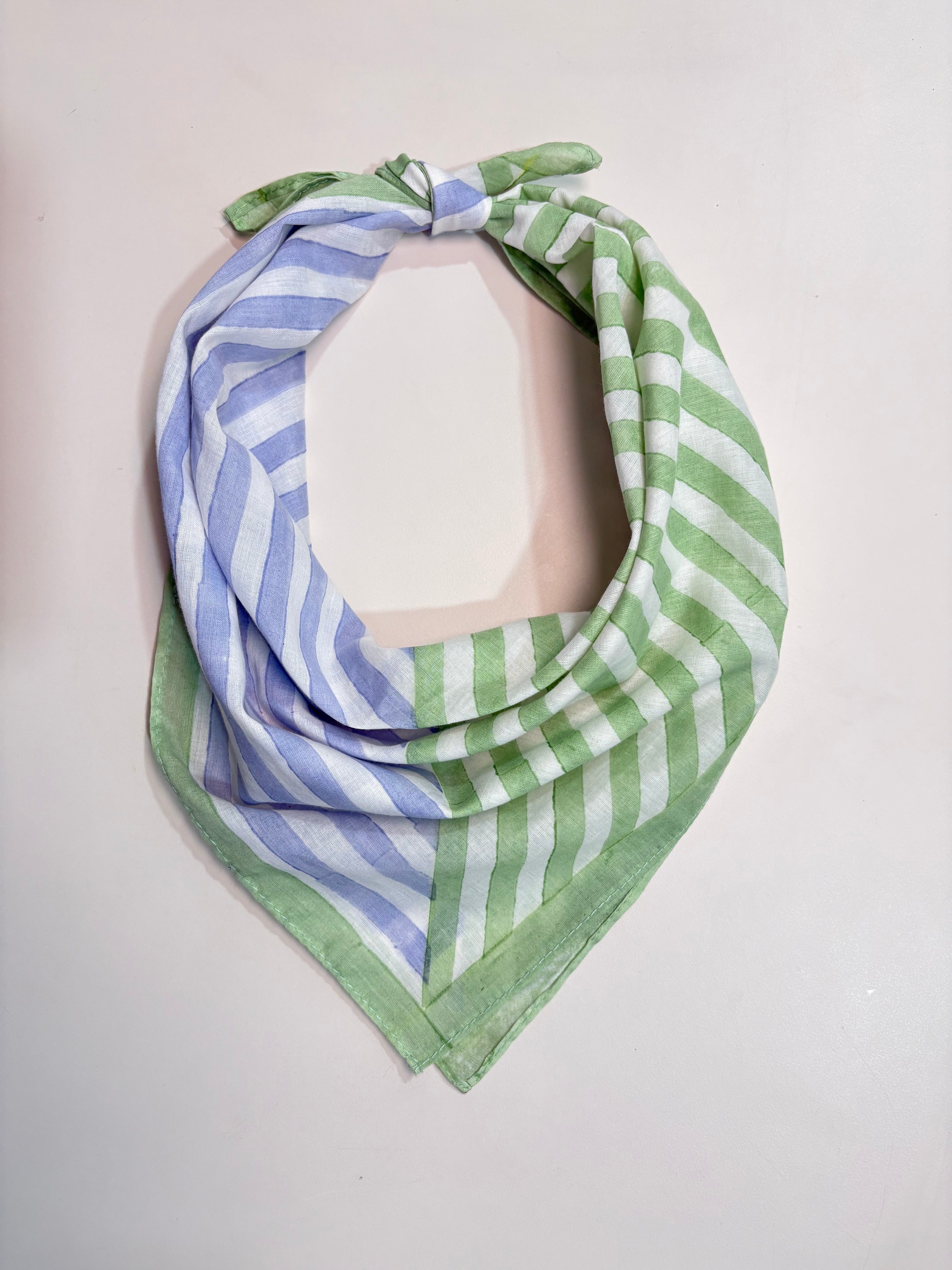 Striped Hand Block Printed Scarf , Green & Blue , 20 x 20 Inches (Set of 2)