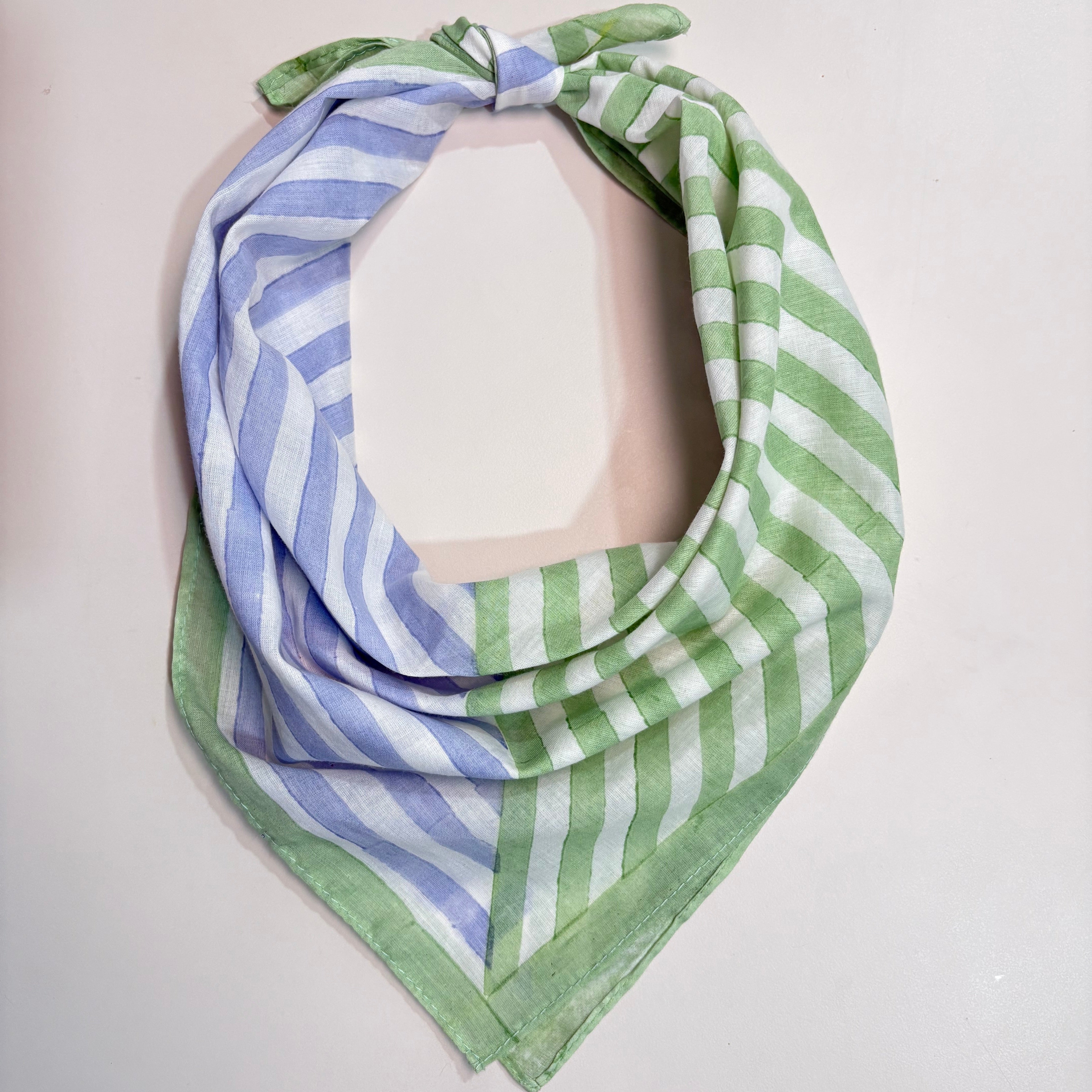 Striped Hand Block Printed Scarf , Green & Blue , 20 x 20 Inches (Set of 2)