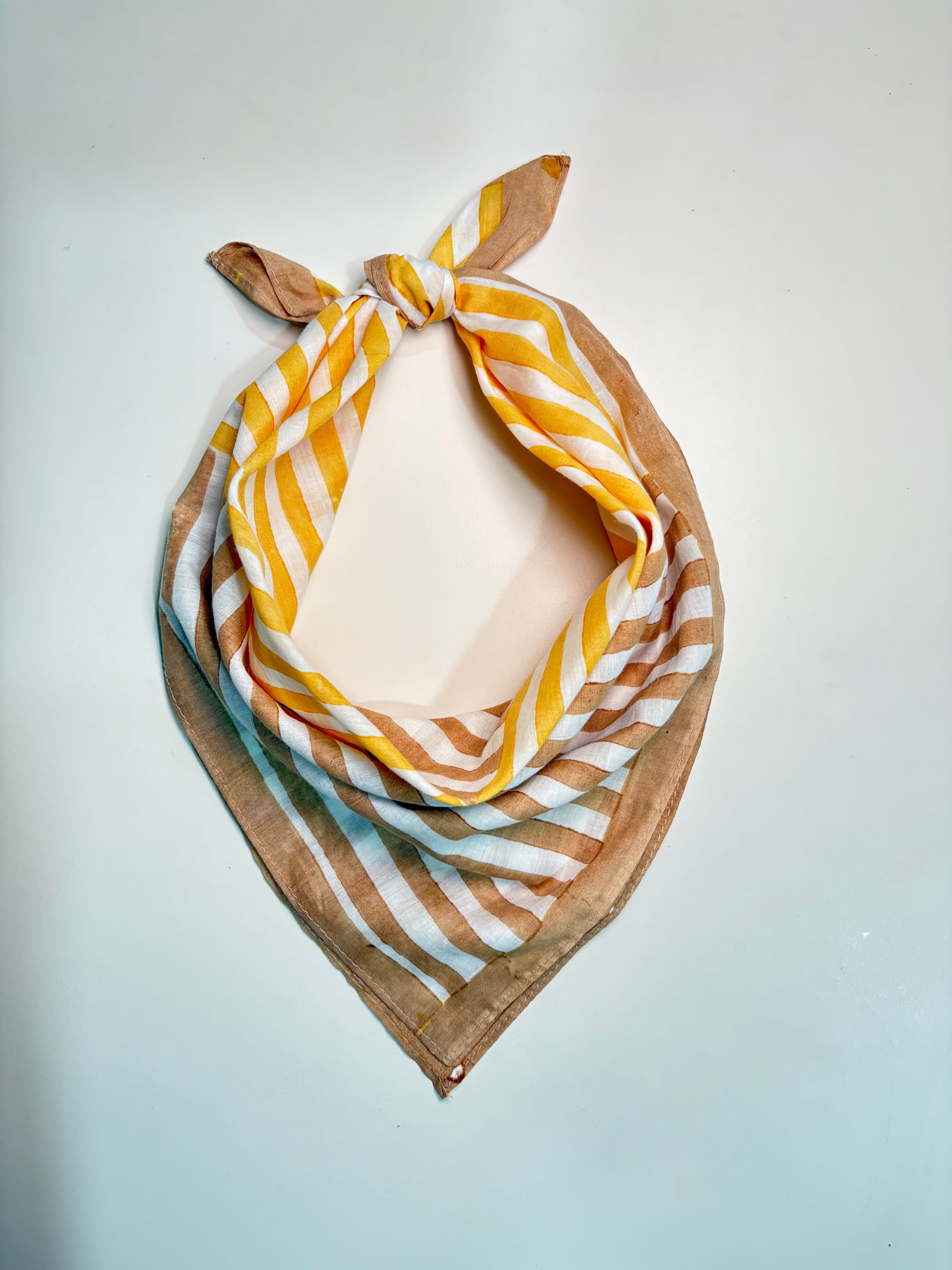 Striped Hand Block Printed Scarf , Yellow & Brown , 20 x 20 Inches (Set of 2)