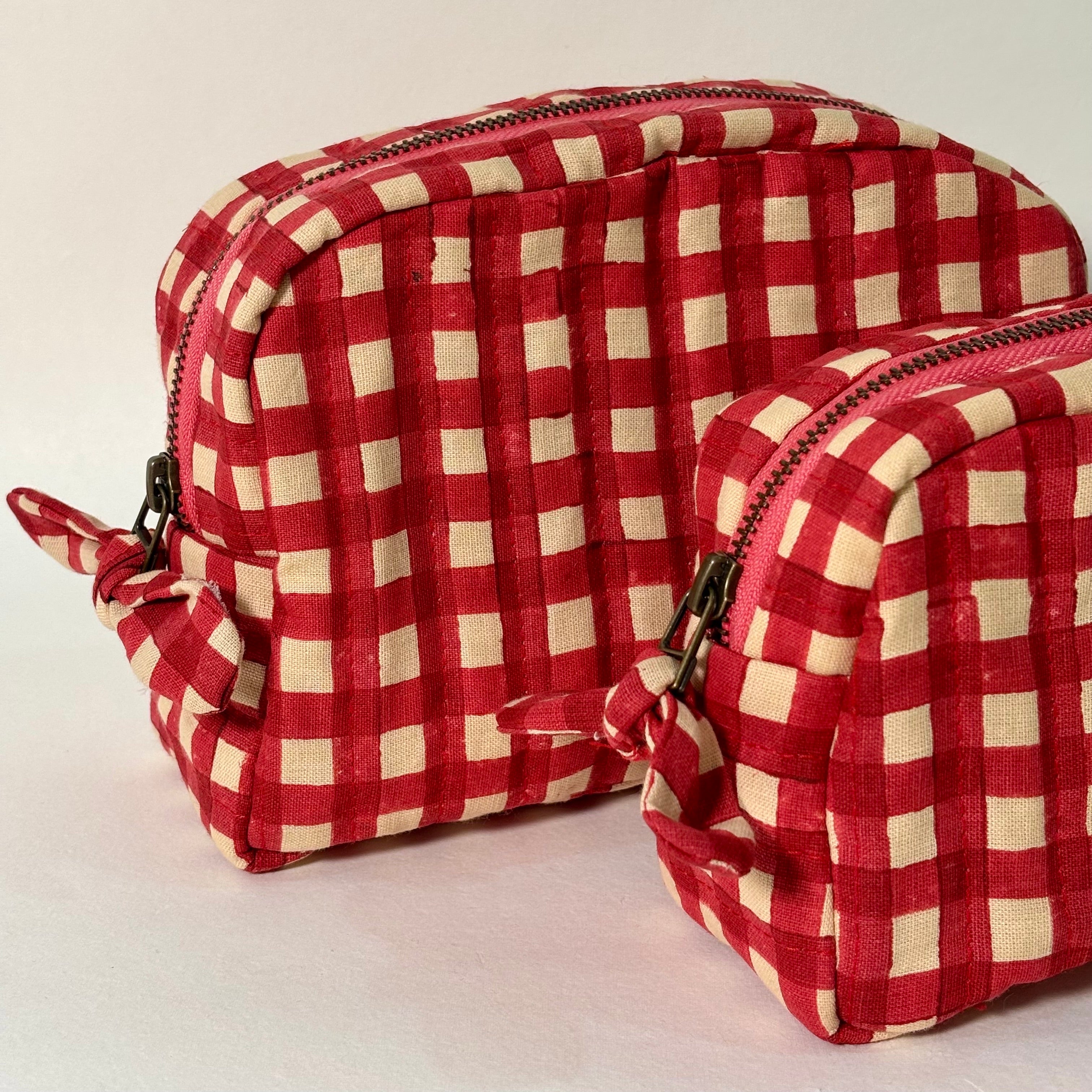 Sustainable Quilted Cotton Pouch, Red Checks - 6 x 4.5 Inches (Set of 2)