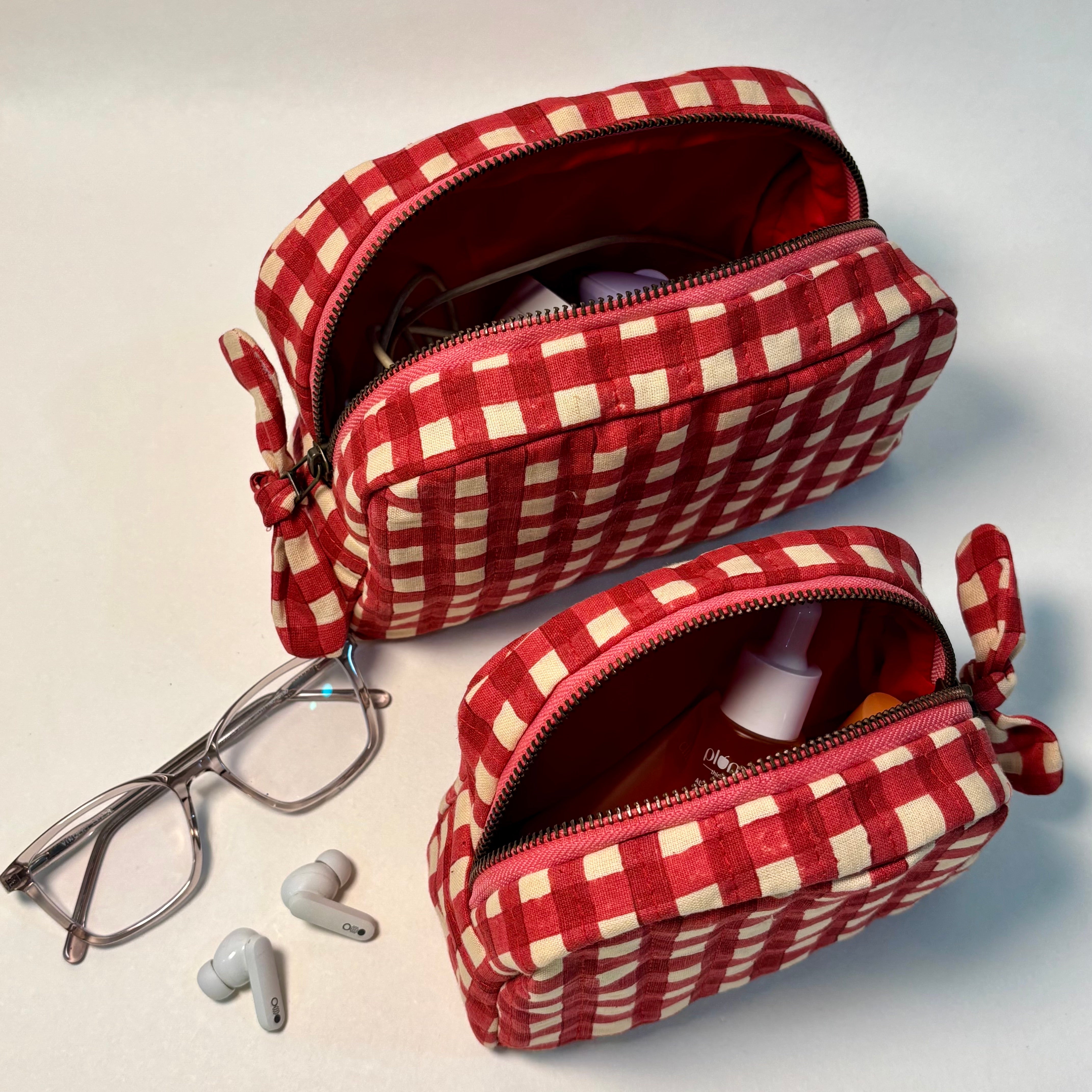 Sustainable Quilted Cotton Pouch, Red Checks - 6 x 4.5 Inches (Set of 2)