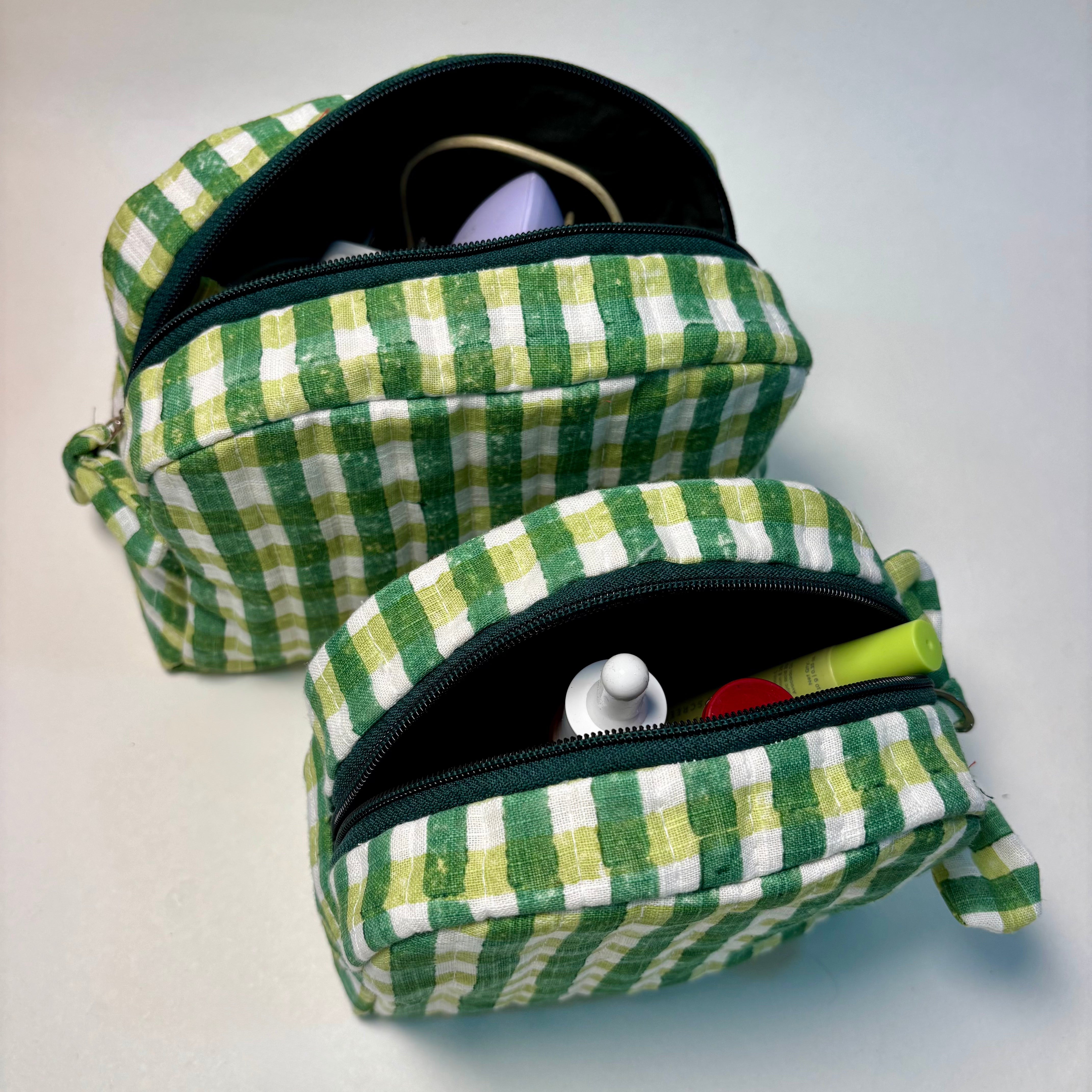 Sustainable Quilted Cotton Pouch, Green Checks - 6 x 4.5 Inches (Set of 2)