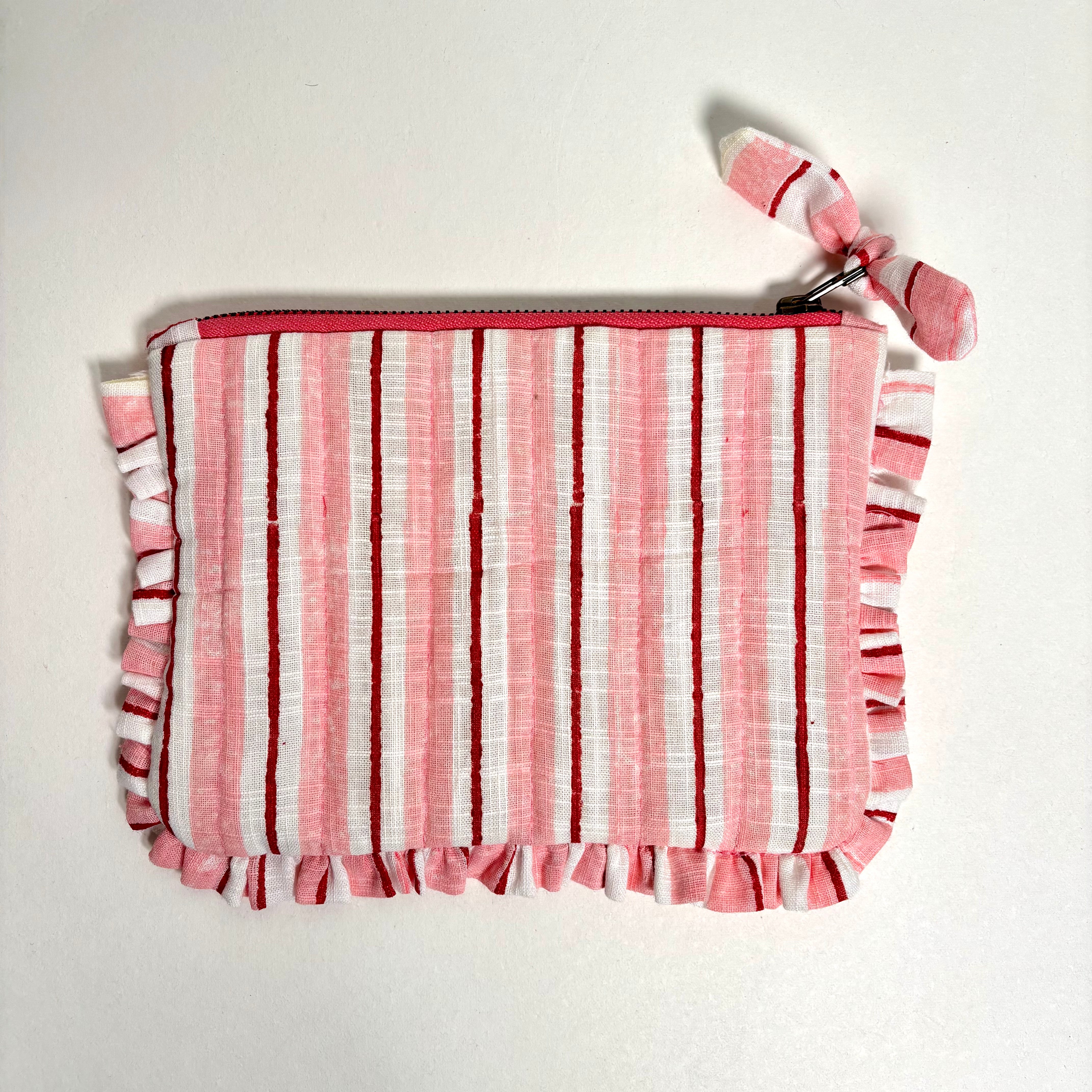 Sustainable Quilted Cotton Pouch, Pink & Red Striped - 8 x 5 Inches (Set of 2)