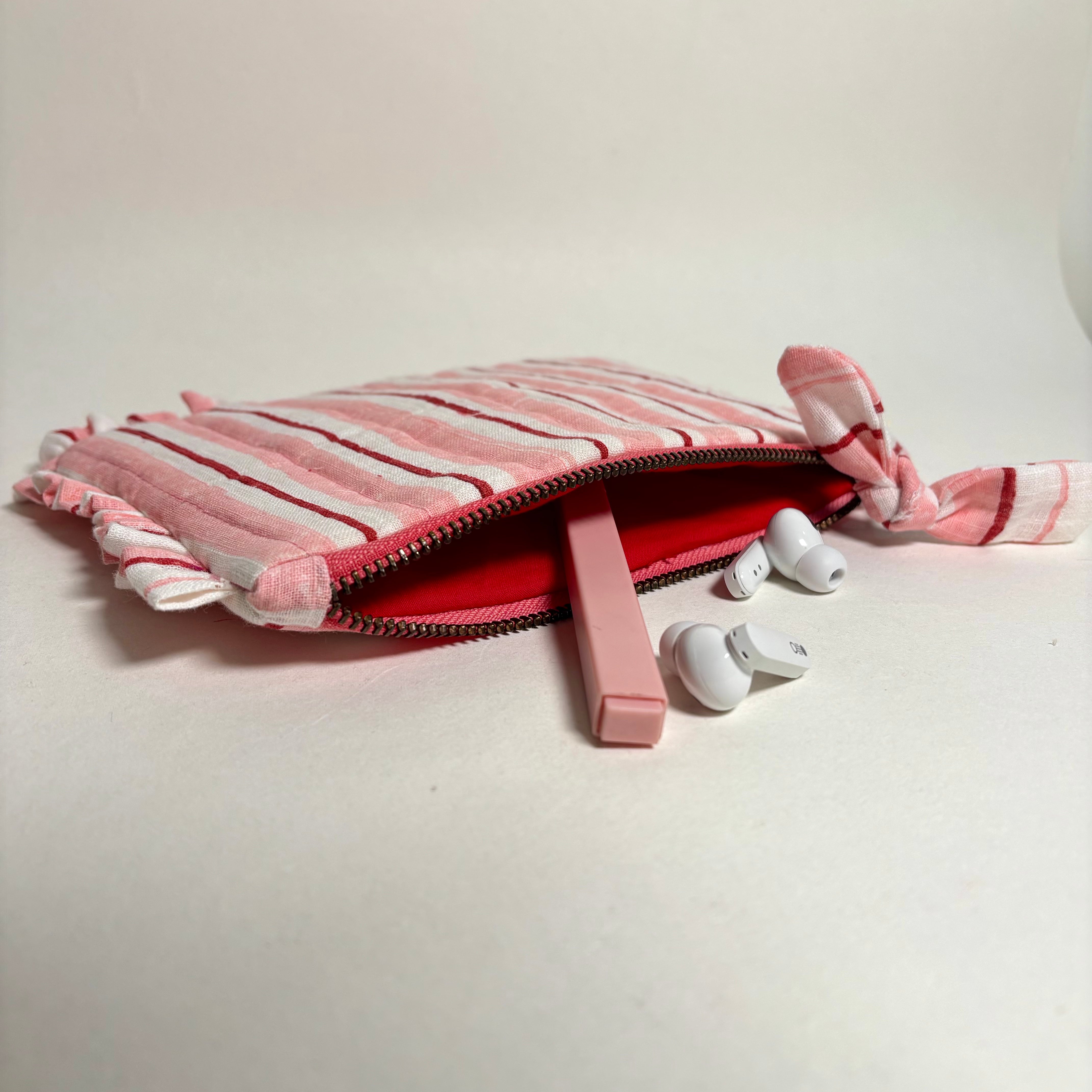 Sustainable Quilted Cotton Pouch, Pink & Red Striped - 8 x 5 Inches (Set of 2)